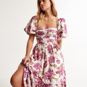 Abercrombie & Fitch Pink Tiered Midi Dress with Puff Sleeves